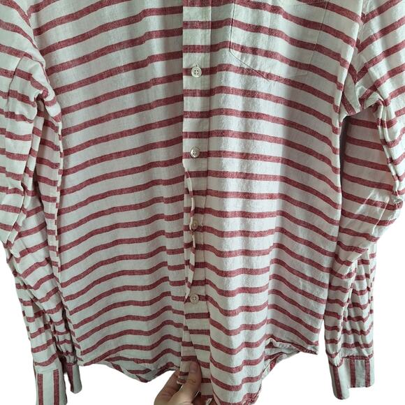 Vintage Linen Blend Old Navy Stripe Red Ivory Button Down Slim Fit XL - Picture 3 of 6